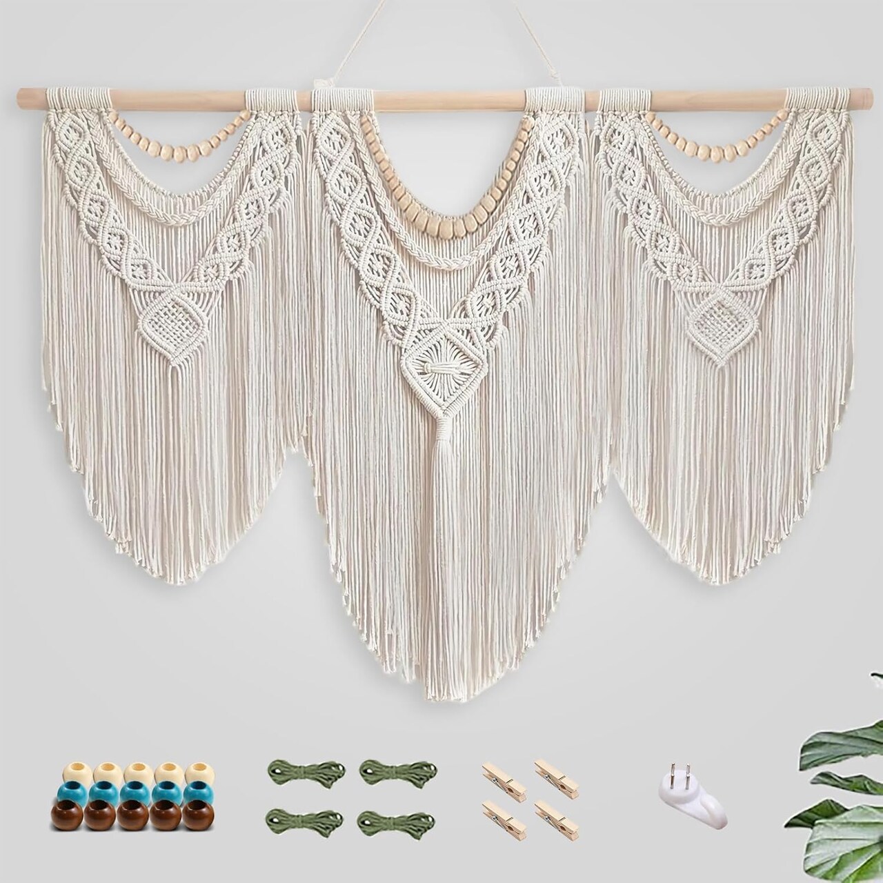 Large Handmade Boho Macramé Wall Hanging – 43" x 32" Woven Tapestry with Wooden Beads & Rod, Includes 3-Color Beads, Clips & Green Cotton Rope, Perfect Wall Art Decor for Living Room, Bedroom, or Wedding